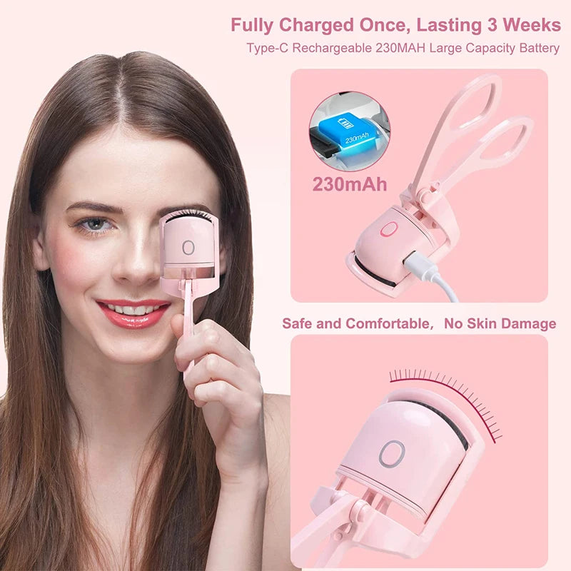 Heated Eyelashes Curler USB Rechargeable Electric Eyelash Curlers with 2 Level Temp Quick Heating & Long-Lasting Curling Effect